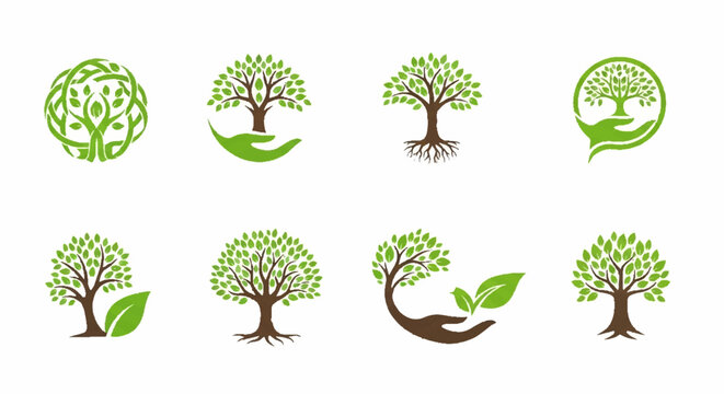 Tree logos and icons collection: growth, nature, sustainability, eco-friendly, organic, health, life