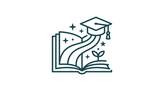 Graduation cap on open book with sprouting plant