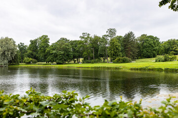 Fototapeta premium view of Pond in Catherine Park in Pushkin town