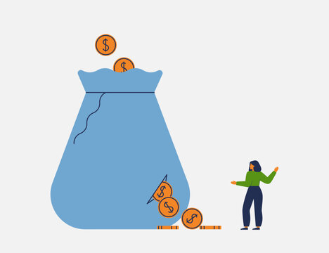 Money leaking concept with woman. Female person spends more money than she earns. overspending or expense that reducing wealth or saving. Vector illustration