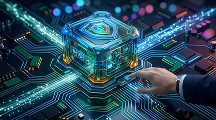 Fototapeta premium Interactive digital data shield concept with glowing circuit networks for advanced cybersecurity privacy and secure enterprise network encryption technology infrastructure solutions