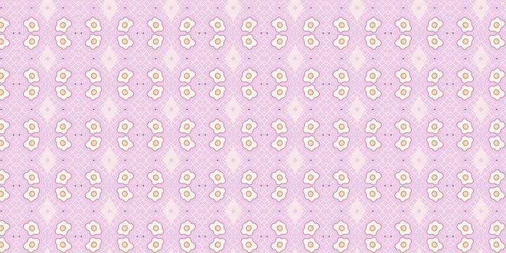 Cute seamless pattern featuring repeating fried egg breakfast motifs on a light pink background grid.