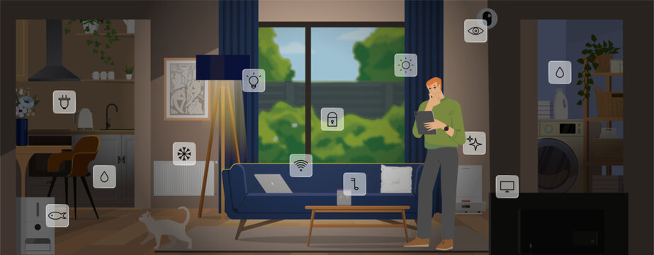 Smart home system with automation devices, lighting, security systems, CCTV camera, vacuum cleaner, and cat feeder. Vector illustration.