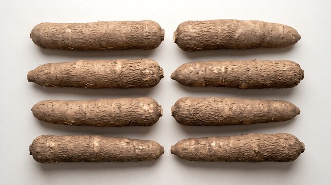 Fresh raw cassava roots arranged on white background