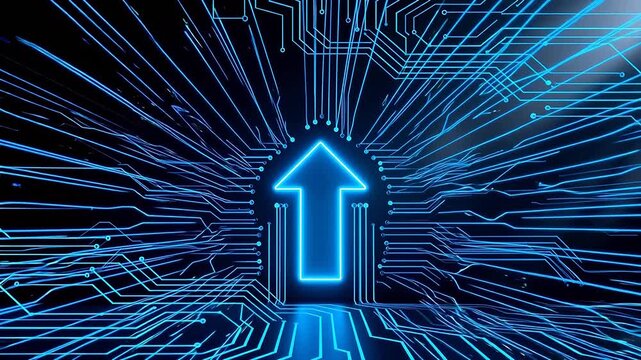 Blue neon arrow on circuit board