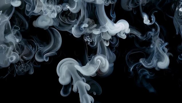 Mysterious 4K video showing rich plumes of gray smoke expanding and dissolving elegantly inside a black studio space creating a beautiful high contrast abstract atmosphere for dramatic overlay edits