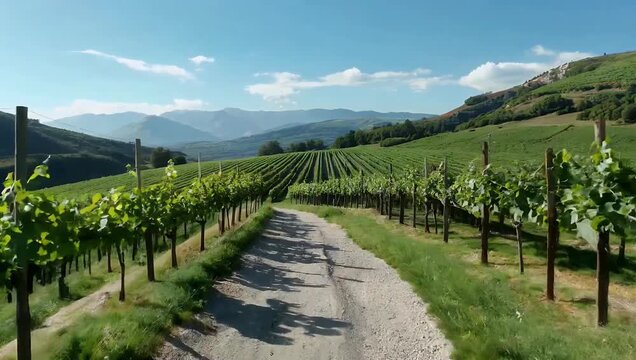 Exquisite 4K low tracking shot moving down a rustic gravel road winding through lush green vine rows in Chile s Maipo Canyon showcasing majestic mountain backdrops and a thriving estate winery
