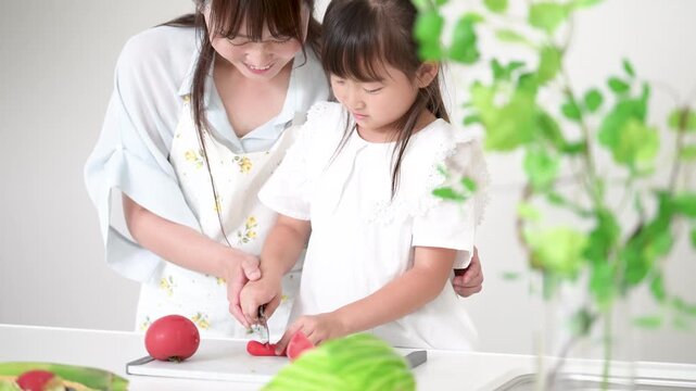 キッチンで料理を通して包丁の使い方を学ぶ母親（親子）食育を実践する母親と小学生や幼児の女の子動画