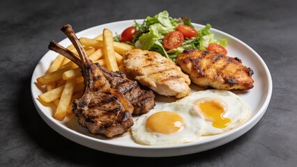 Fototapeta premium Top-down view of mixed grill platter with lamb chop, chicken cutlet, chicken chop, fries, eggs, and vibrant salad.