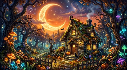 Fototapeta premium Enchanting halloween cottage spooky forest scene with jack o' lanterns and full moon