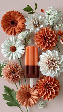 Vibrant Orange and White stick ice cream with Flowers in Brown