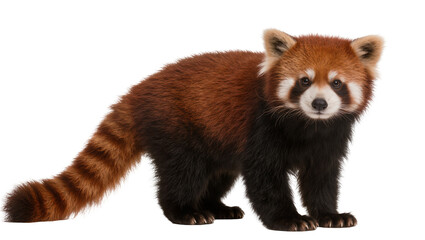 Fluffy red panda with striped tail, isolated on transparent background © Maria