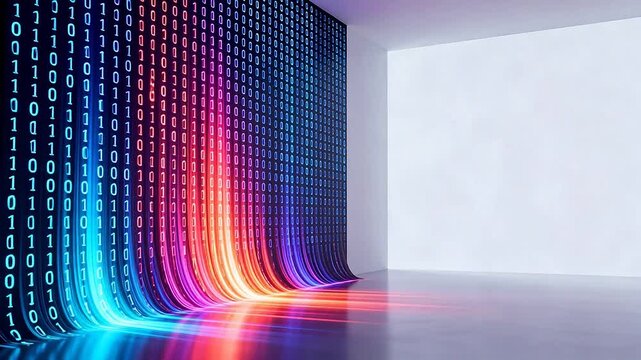 Colorful binary code wall in empty room