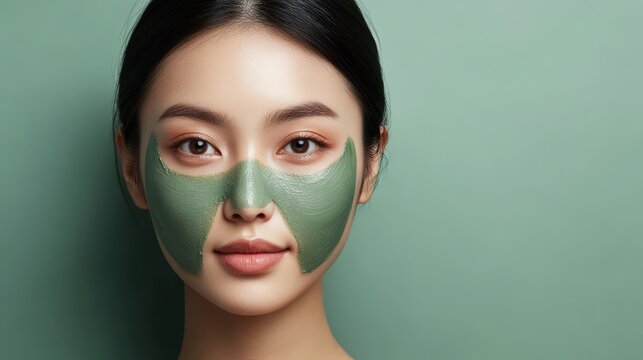 Young woman with smooth skin wears a green clay mask on her face.