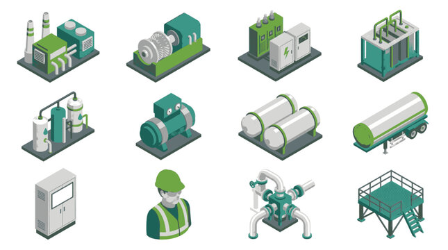 Collection of isometric industrial machinery and manufacturing equipment illustrations.