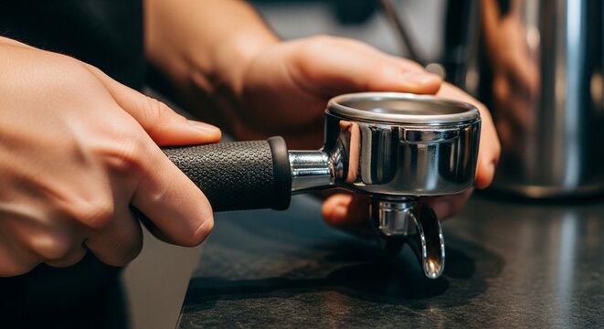 Close-up of barista preparing espresso using stainless steel portafilter with black handle in coffee shop showcasing rich textures and metallic reflections