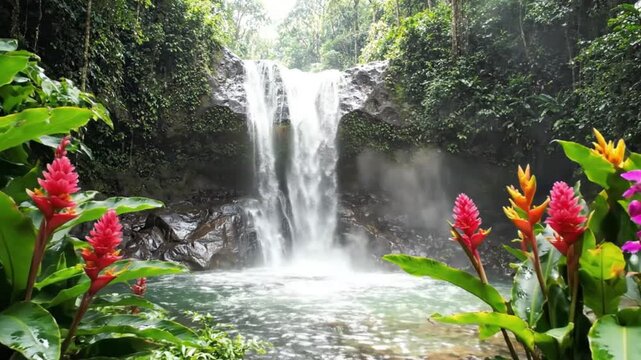 Tropical waterfall cascading into a lush jungle pool with vibrant exotic flowers in motion video footage