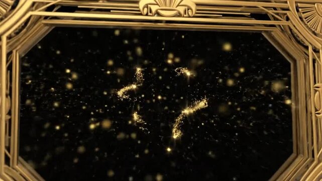 An elegant golden frame with a dark background and shimmering particles