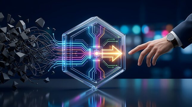 Interactive digital data core concept being manipulated by human hand for advanced artificial intelligence network processing and secure enterprise cloud computing business technology