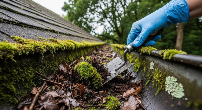 Close-up of gloved hand cleaning moss and leaf debris from roof gutter with trowel preparing for rain and preventing water damage