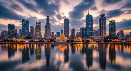 Fototapeta premium City skyline at sunset by water.