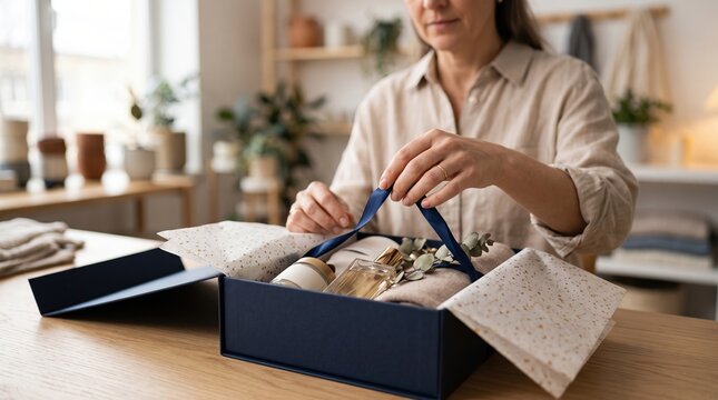 Woman carefully packaging a thoughtful gift box