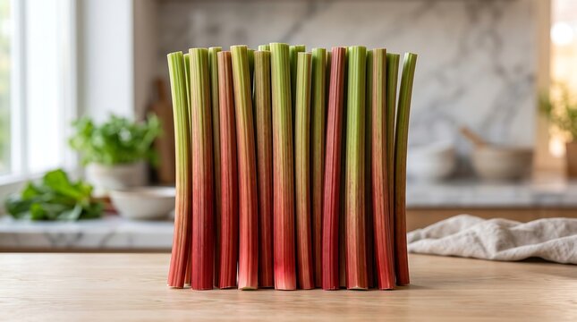 Fresh rhubarb stalks standing on a kitchen table