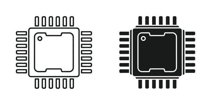 Central processing unit cpu microchip set in outline and solid black styles for computer hardware processor