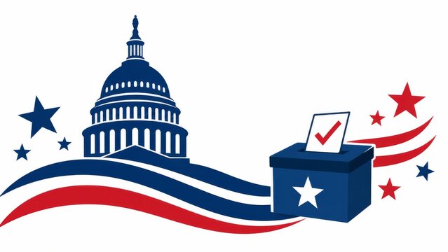 US Capitol Dome with Patriotic Waves Stars and Ballot Box Checkmark in Modern Political Campaign Vector Style