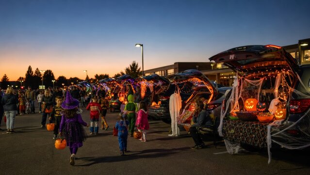 Halloween trunk or treat in a school parking lot at dusk with decorated car trunks glowing pumpkins candy bowls and children in costumes walking car to car