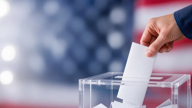 Hand Dropping Paper Ballot Into Clear Ballot Box With Patriotic American Flag Colors in Background