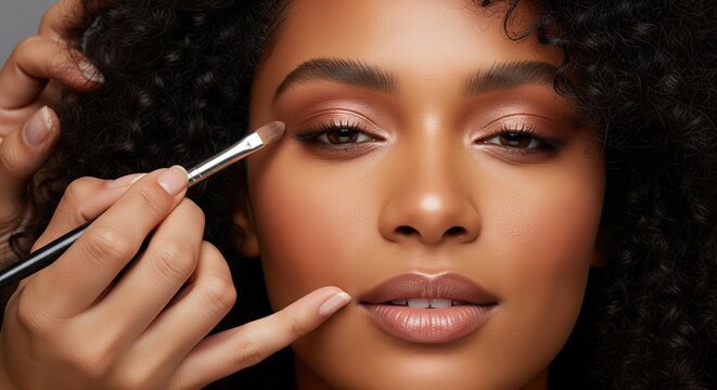 Close-up on beautiful woman's face as makeup artist applies eyeshadow with brush