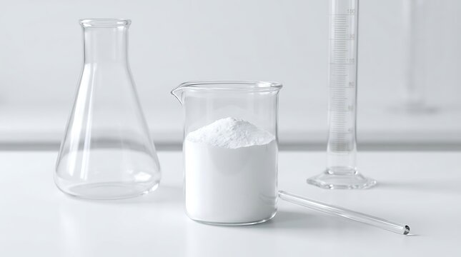 Allantoin powder in a laboratory beaker with glass scientific equipment on a clean white background for chemistry, skincare research, and cosmetic testing.