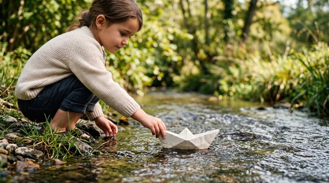 Young girl sails paper boat in a flowing stream