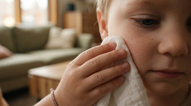 Little child's hand gently wipes a tender cheek