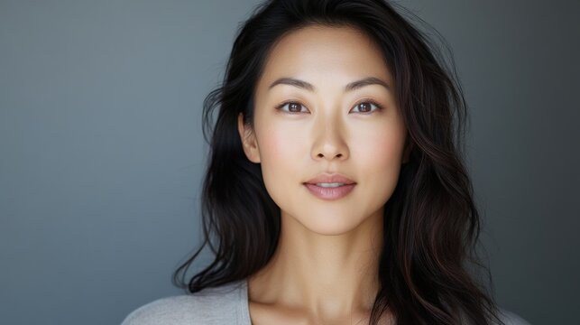 portrait of a serene young woman with natural makeup looking at the camera.