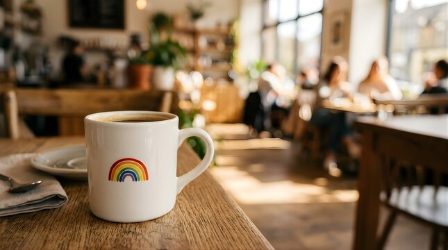White ceramic mug with rainbow icon on a wooden table in a busy cafe
