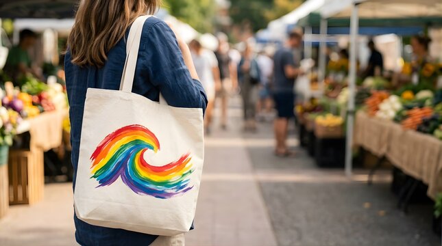 Woman carrying a canvas tote bag with a rainbow wave design at a market