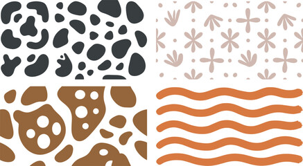 Fototapeta premium Four distinct abstract seamless patterns including animal spots organic shapes wavy lines in a minimalist modern style with animal print leopard print cheetah print modern pattern