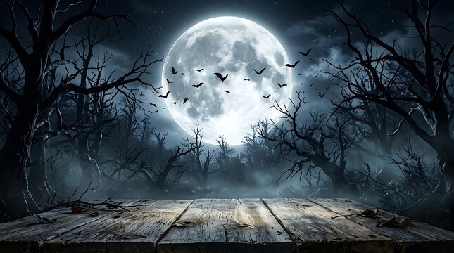 Spooky halloween night full moon bats and dark forest scene