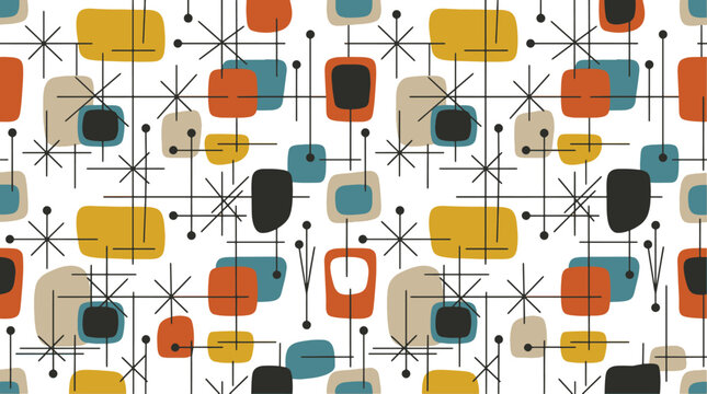 Mid-century modern geometric pattern with abstract shapes and starbursts midcentury geometric abstract starburst background colorful illustration wallpaper creative minimalist