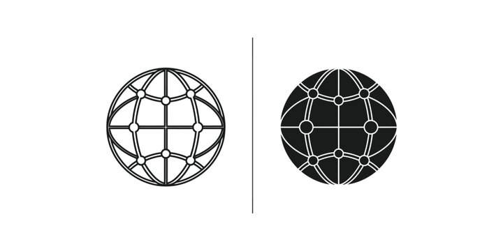 Global network connection set featuring linear and solid black globe spheres with interconnected nodes and lines