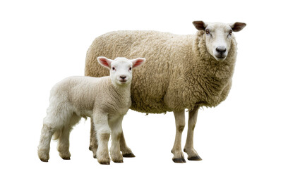 Fluffy white lamb standing next to mother sheep, isolated on transparent background © Maria