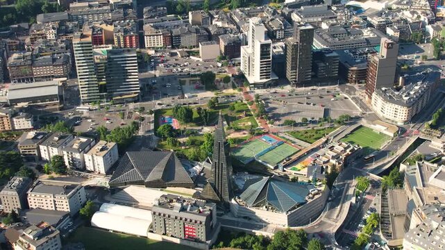 Aerial view of the capital city Andorra la Vella,  in the Pyrenees mountains between France and Spain on a sunny summer morning.