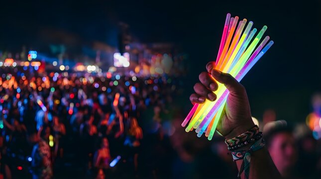 A person holds a bundle of glowing neon light sticks at a night music festival
