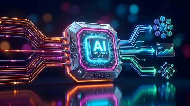 Advanced artificial intelligence microchip concept with glowing network circuits for high performance machine learning automation and secure enterprise cloud computing technology