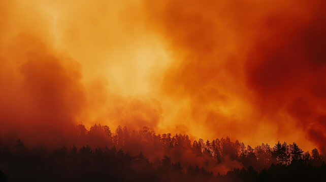Giant wildfire consuming a coniferous forest. Sending dark. Heavy smoke plumes into the intensely colored. Ominous orange and red sky