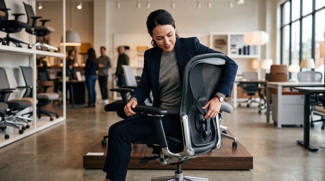 Businesswoman testing ergonomic office chair