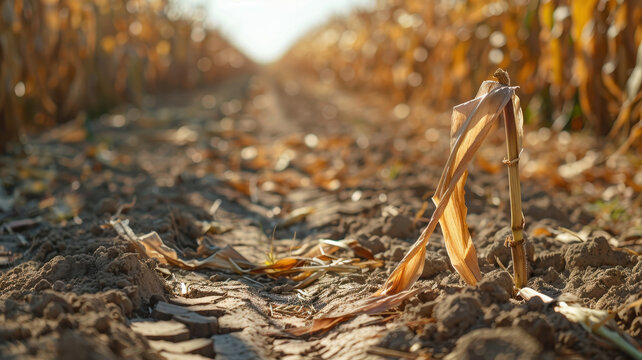 Drying corn stalk standing in cracked, arid ground, showing a damaged field suffering from prolonged hot weather and severe drought conditions affecting agricultural harvest