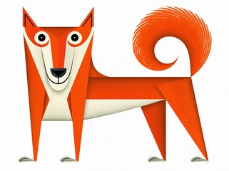 Fototapeta premium Stylized Geometric Origami Dog Character with Curly Tail, Isolated on White Background